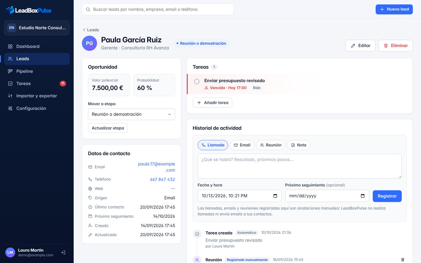 Ficha de un lead en LeadBoxPulse con datos, tareas e historial de actividad