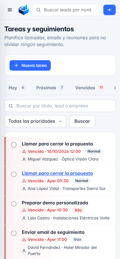 LeadBoxPulse en un teléfono móvil mostrando la lista de tareas